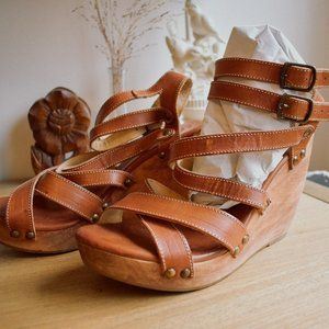 BED STU Women's Brown Leather Wood Wedge Sandals Size 8.5